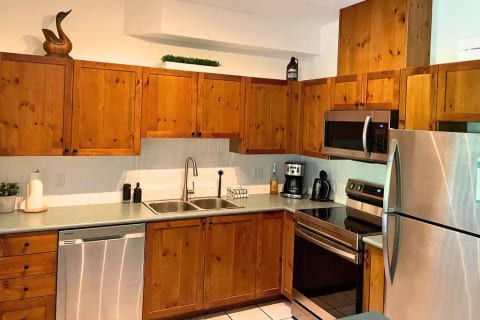 Fully equipped kitchen with all that you could need during your stay and new appliances. We have a list of inventory items in our house manual to help you plan your stay.