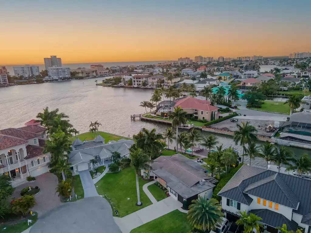 Aerial view at sunset looking at Gulf of Mexico