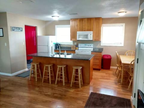 Kitchen, island and and dining table