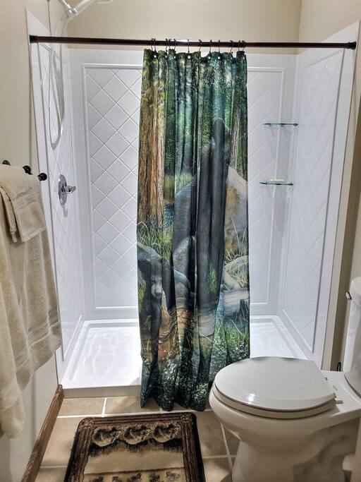 Lower level bathroom with oversized shower. - Blue Bear Ridge Mountain Cabin - Mineral Bluff