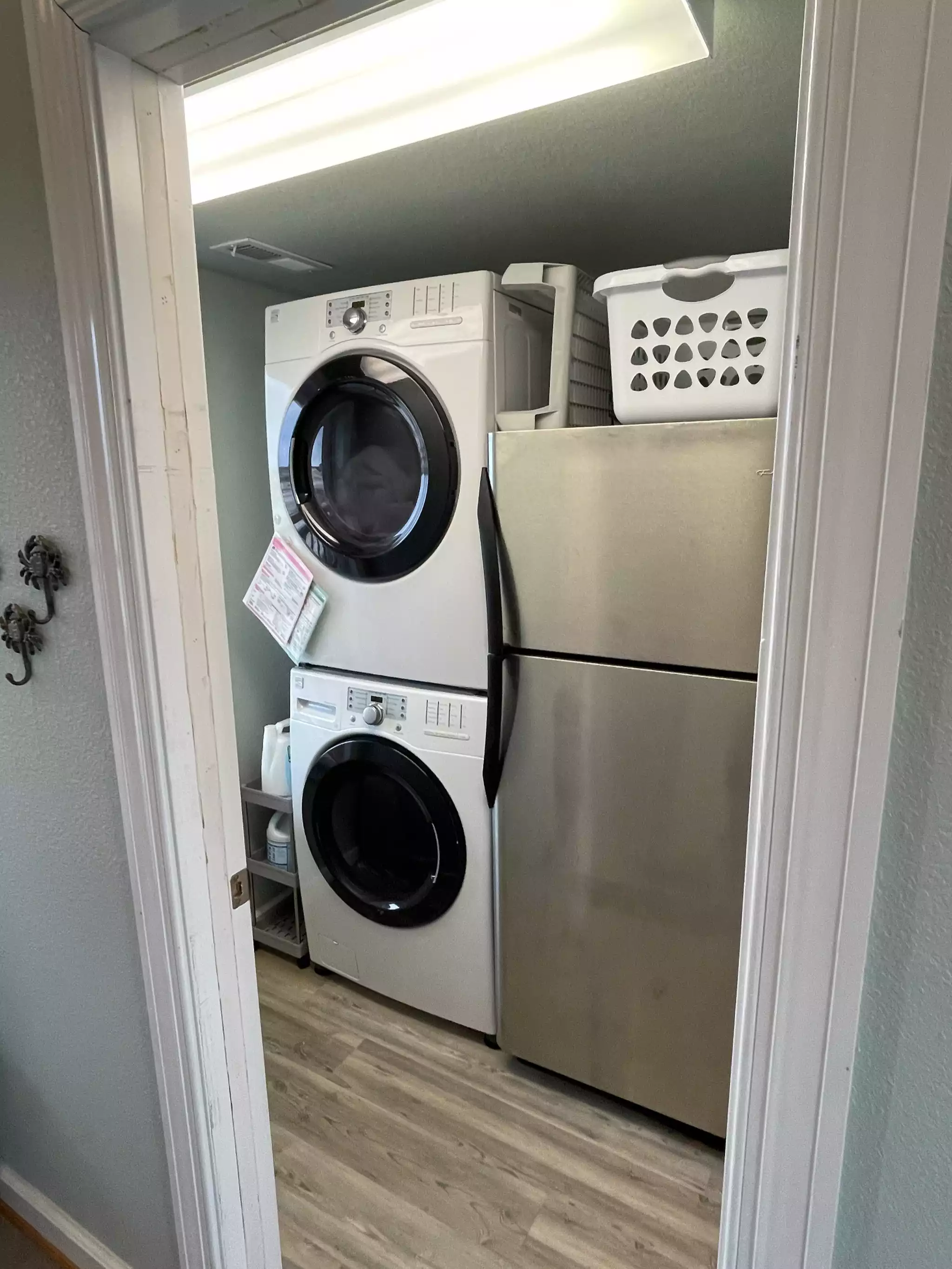 Laundry room with second fridge. We hooked this fridge to the reverse osmosis water line, to ensure ice is made with pristine water.