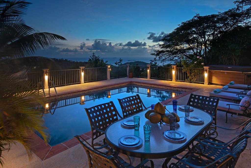 Romantic dinner and dancing by the pool - with our outdoor blue tooth sound system.

View overlooking islands in Pillsbury sound, including views of the caribean islands St Thomas and even St Croix on a clear day. - Riley's Retreat  - St John