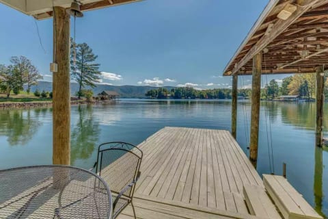Private cove with spacious dock, boat slip and beautiful lake and mountain views