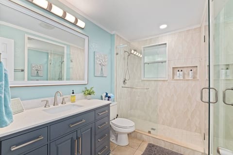 The bathroom features plenty of light, two large mirrors, and a walk-in glass shower.