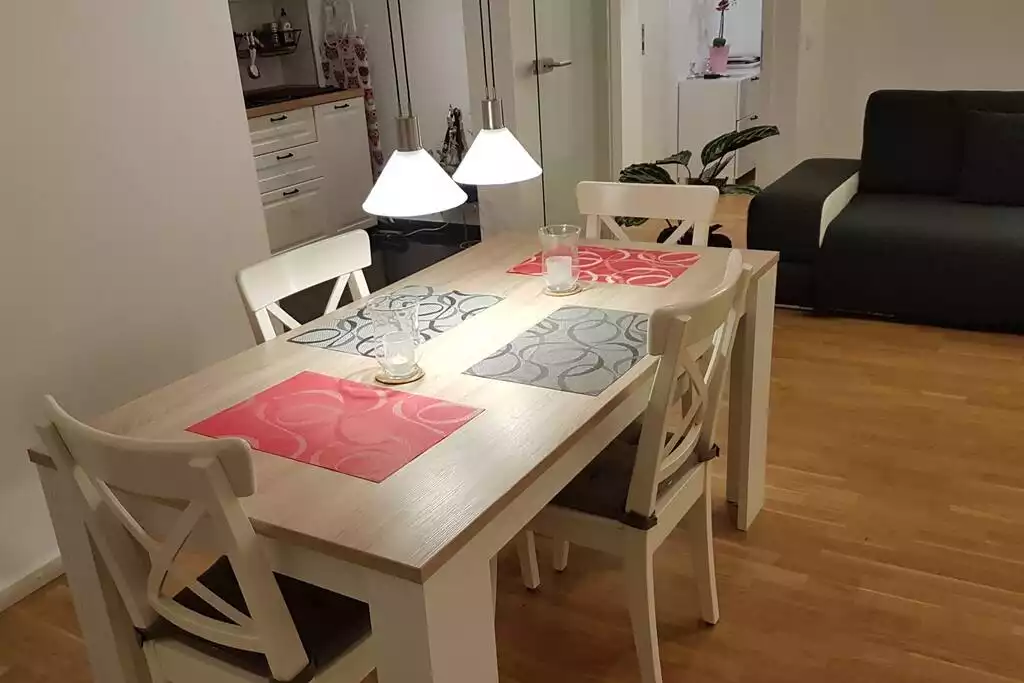 Large dining table in studio-like living-room with  kitchen connected - Cosy 2-room apartment in Heidelberg - Heidelberg