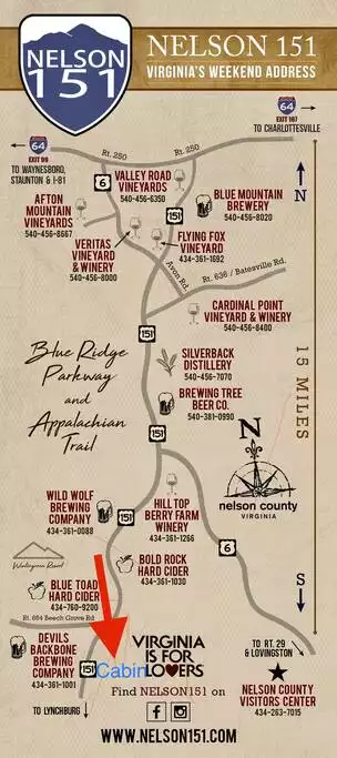 There is so much fun surrounding the cabin, which is right on the "151 Brewridge Trail" & "Monticello Wine Trail" & close to the "Appalachian Trail". Just look at all the wineries, breweries & hiking trails you'll be close to. There is so much fun surrounding the cabin, which is right on the "151 Brewridge Trail" & "Monticello Wine Trail" & close to the "Appalachian Trail". Just look at all the wineries, breweries & hiking trails you'll be close to. - The Blue Ridge Cabin - Roseland