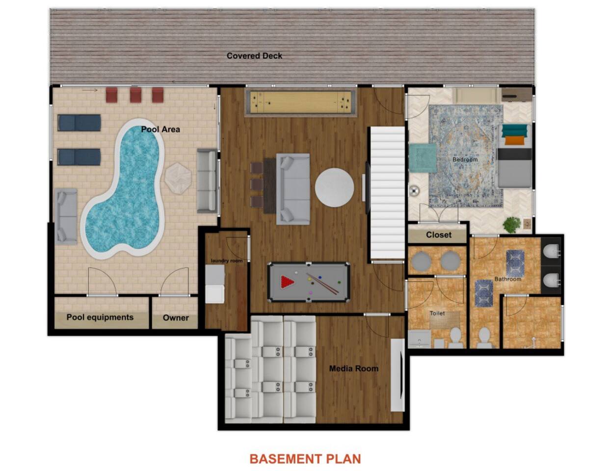 Floor plan for layout purposes only. Basement level: -Bunk room w/ full-over-full bunks & full-size trundle + ensuite full bath -Game room  -Theater  -Half-bath  -Pool room *Alarms are on the backdoor outside bunk room and on pool room doors.  - The Dancing Firefly - Sevierville