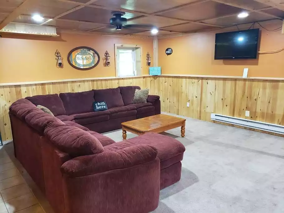 TV couch! Sofa pulls out for some extra sleeping space too - The Catskills Vacation Estate -mansion + 15 acres - Monticello