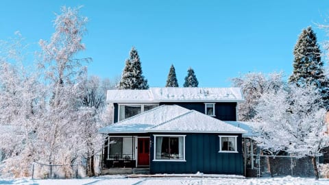 Front of the 4 Elements House in Winter: Spacious 2-story home with enclosed backyard and plenty of grass/snow to play for pets & children.