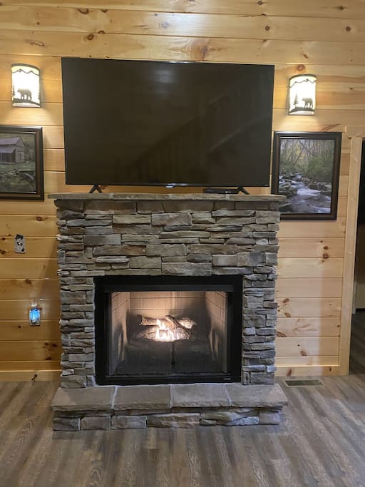 Gas Fireplace with a 65" TV and Bear Lights