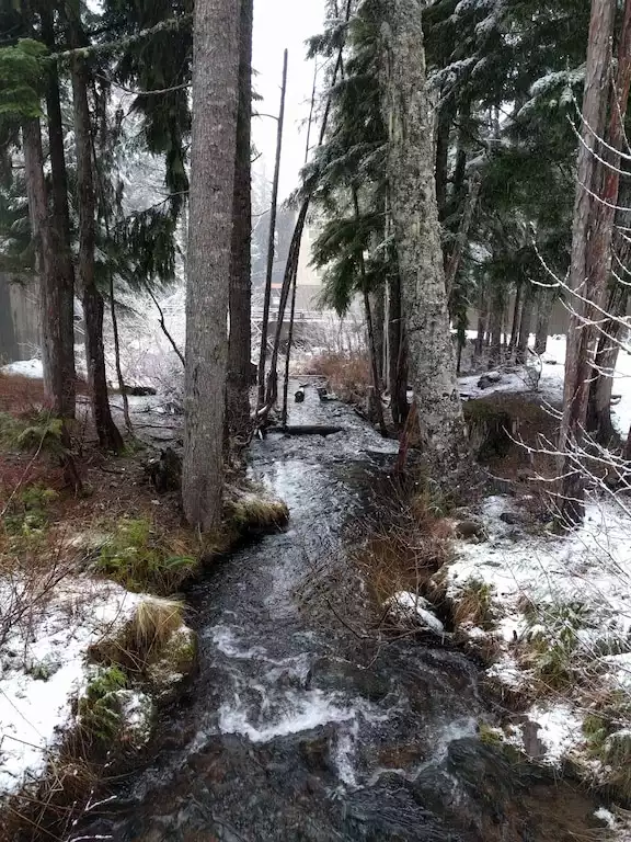 Creek along pathway from Creekside Lodge to leisure pool - Mt Hood Townhouse. 3 bd end-unit. Hottub & Pool - Government Camp