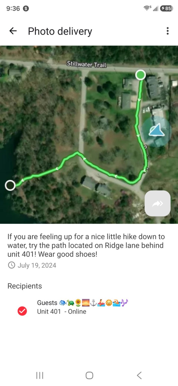 Aerial route from the condo area down to the cove