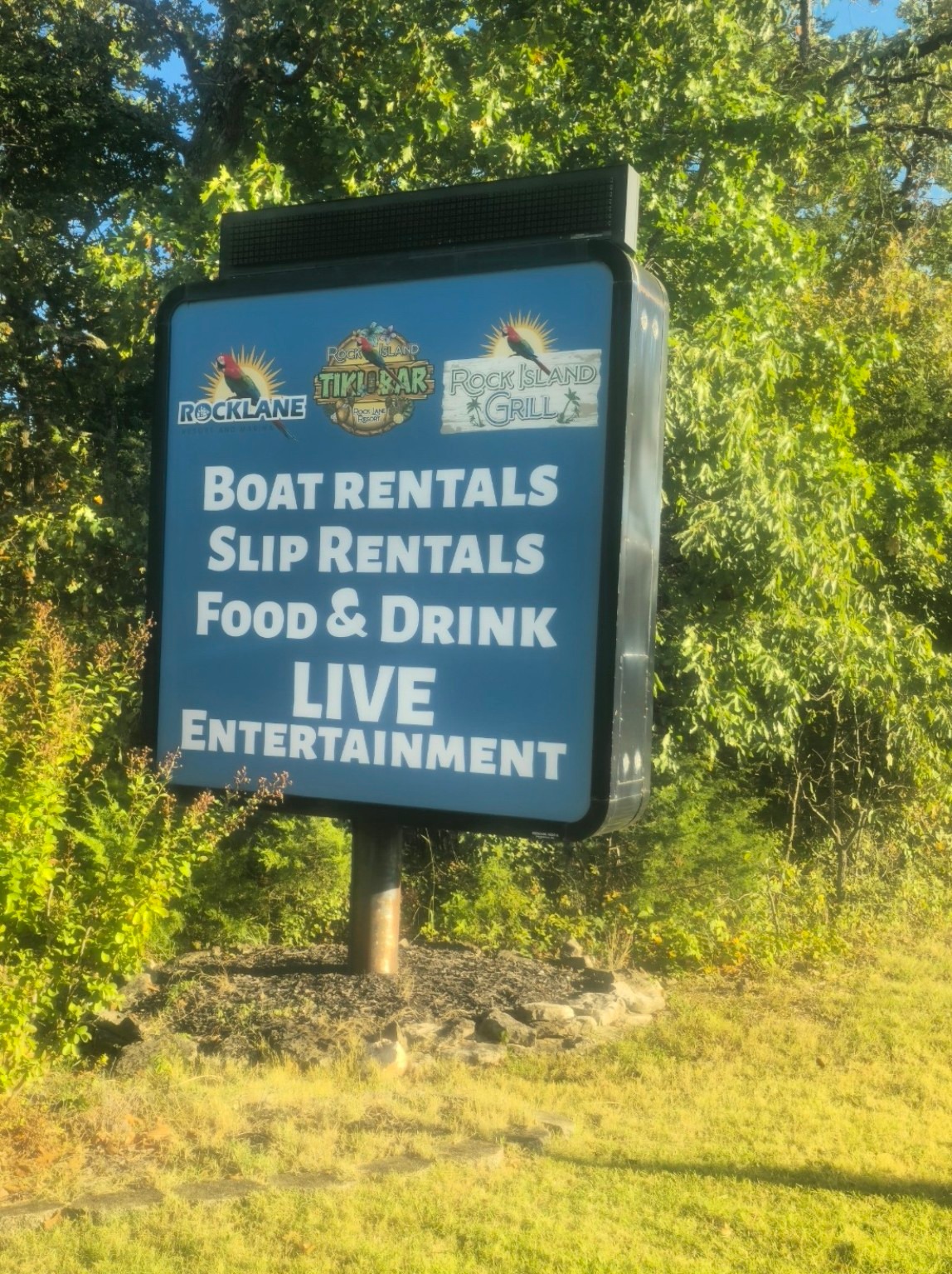 Rock Lane sign listing boat and slip rentals