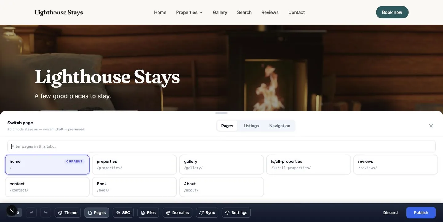 The page switcher listing Home, Properties, Gallery, Reviews, Contact, Book and About